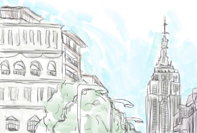 Paesaggio urbano con tecnica mista